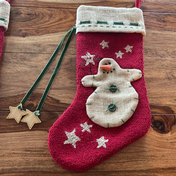 Two wool backed crewel snowman Christmas stockings. Primitive. - Picture 2 of 6